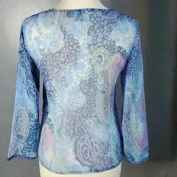 Vintage Y2K Nancy-K Sheer Blue Paisley Boho Bell Sleeve Blouse sz M - Picture 7 of 9